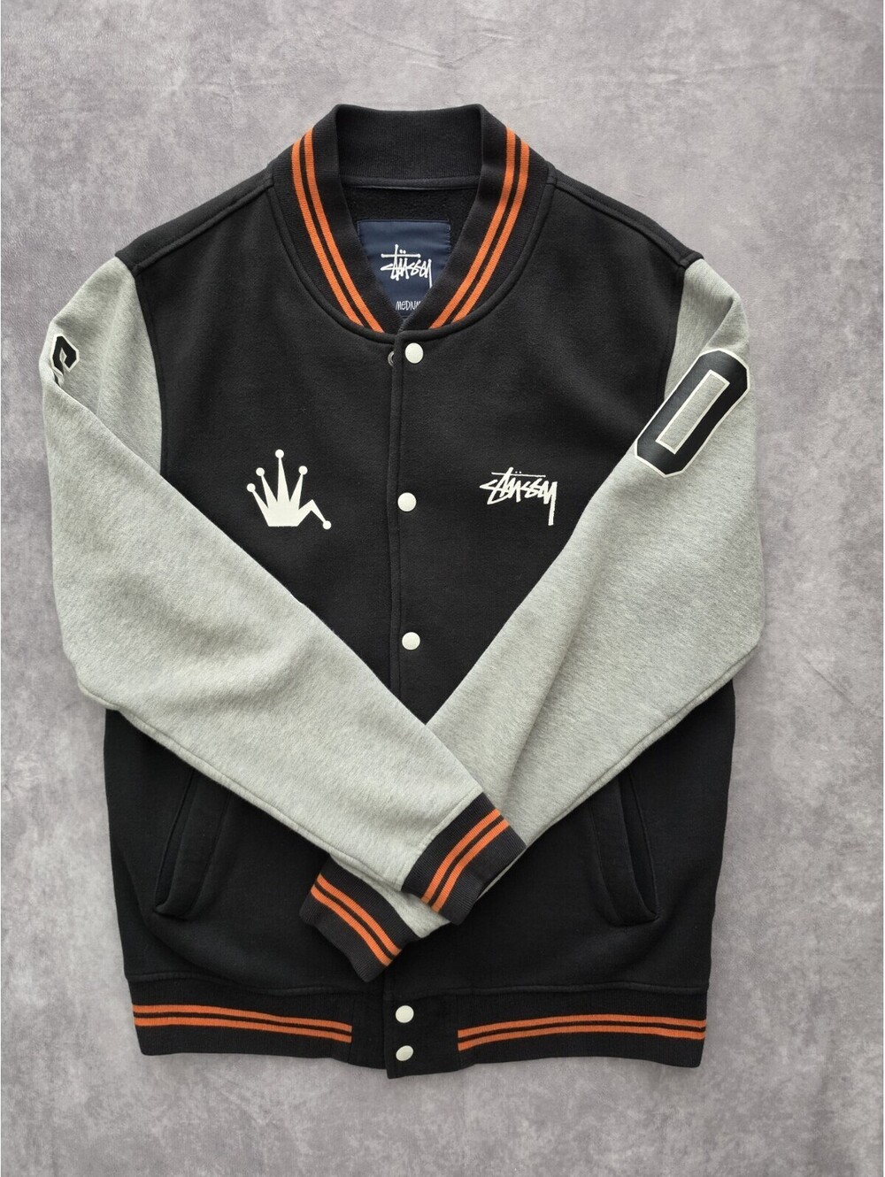 SKU0315 Vintage Stussy Men’s Medium Varsity Jacket Black Gray Orange Crown Logo